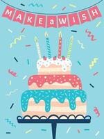 Large three tiered birthday cake decorated with colorful icing, sprinkles, and strawberries, topped with lit candles, sits on a stand beneath pink bunting and falling confetti vector