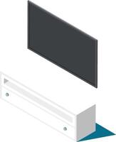 Flat screen television displaying a blank screen, mounted on the wall above a sleek white entertainment center with drawers, presented in isometric projection vector