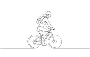 Continuous one line drawing of young female office worker riding bicycle to work, environmentally friendly commuting to work concept, single line art vector