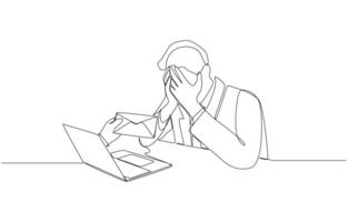 One line drawing of employer's hand coming out from laptop screen to hand layoff envelope to employee with hands holding face, economic recession and company staff reduction concept, single line art vector