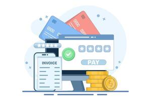 Online payment concept. Device with electronic invoice. Confirmation of financial transactions via SMS. Coins and payment cards. Flat illustration on the background. vector
