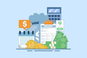 Payroll Concept, payroll administration, accountant calculating salary, Expenses, salary calculation for web landing page template, banner, flyer. Flat illustration on background. vector
