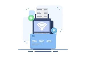 digital or electronic transaction concept, Contactless Payment. Hand holding payment card near POS terminal to pay. Transaction with NFC technology. Flat illustration. vector