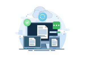 Cloud server storage concept, Copying files, Cloud hosting, Uploading data to secure cloud server, Data storage and processing. Cloud hosting and networking services. Flat illustration. vector