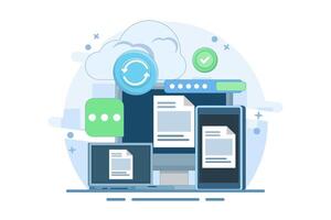 Cloud server storage concept, Copying files, Cloud hosting, Uploading data to secure cloud server, Data storage and processing. Cloud hosting and networking services. Flat illustration on background. vector