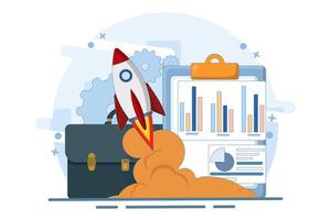 concept of growth and success in business. rocket launching from briefcase containing coins and clipboard, symbolizes growth and success in business. flat illustration. vector