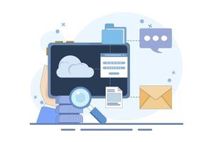 Cloud computing network concept, Cloud applications, applications connected to cloud technology, Backup. Services and hosting. File copying, Data storage and processing. vector