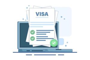 digital nomad concept online visa approved. visa approval on device or national electronic overseas travel. approval stamp on paper. flat design illustration on background. vector