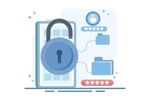 file security and safety concept. giving a password to a document. folder lock application or software. user with a big padlock. illustration in flat design. vector
