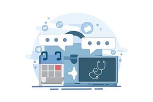 Online health telemedicine concept. Online medical consultation and healthcare services via internet clinic application connected to computer. Online consultation. Flat illustration in the background. vector