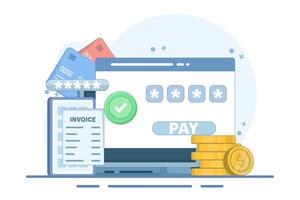 Online payment concept. Device with electronic invoice. Confirmation of financial transactions via SMS. Coins and payment cards. Flat illustration. vector