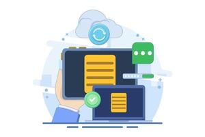 Cloud server storage concept, Uploading data to secure cloud servers, Data storage and processing. Cloud networking and hosting services. Copying files. Cloud hosting. vector