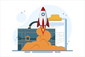 the concept of growth and success in business. the rocket launching from a briefcase containing coins and a clipboard, symbolizes growth and success in business. vector