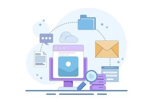 Cloud computing network concept, Copying files, Backup, Cloud applications, Applications connected to cloud technology, Data storage and processing. Services and hosting. Flat illustration. vector