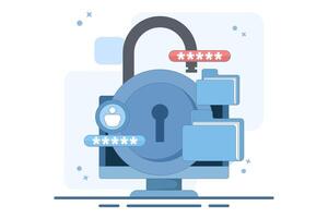 file security and safety concept. giving a password to a document. folder lock application or software. user with a big padlock. flat design illustration in the background. vector