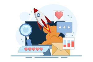 Startup business concept, new business launch, startup business email, social media, SEO analysis. Easy startup strategies, creative projects to start a business. illustration in the background. vector