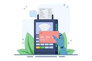 digital or electronic transaction concept, Contactless Payment. Hand holding payment card near POS terminal to pay. making non-cash payment. Transaction with NFC technology. Flat illustration. vector