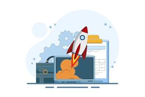 the concept of growth and success in business. the rocket launching from a briefcase containing coins and a clipboard, symbolizes growth and success in business. vector