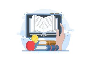 Concept of online education, A person gains knowledge to achieve success and better ideas. Device with open book, light bulb, apple. Online education or business training. vector