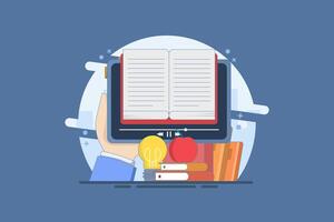 Online education concept, A person gains knowledge to achieve success and better ideas. Device with open book, light bulb, apple. Online education or business training. Flat illustration on background vector