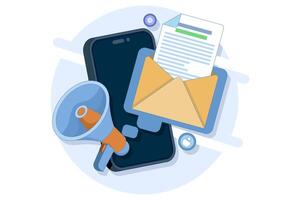 Email marketing concepts, marketing messages, Online business strategies, Advertising with email newsletters, flat design for landing pages, web banners, social media, infographics. vector