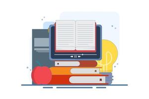 Online education concept, A person gains knowledge to achieve success and better ideas. Online education or business training. Device with open book, light bulb, apple. vector