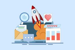 Startup business concept, new business launch, Startup business email, Social media, SEO analysis. Easy startup strategies, creative projects to start a business. illustration. vector