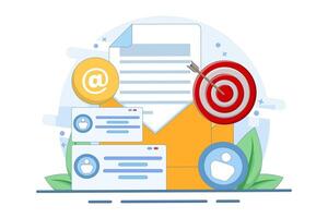 Concept of approaching target audience using email marketing, Online business strategy, Advertising, Email newsletter, sending messages, marketing materials, banners. Flat illustration. vector