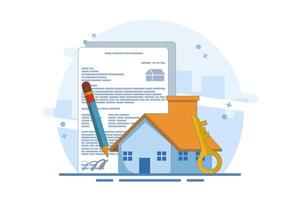 house agreement concept in real estate agency. beautiful house with application form, for. handover of house ownership, real estate agent buy house real estate contract. vector