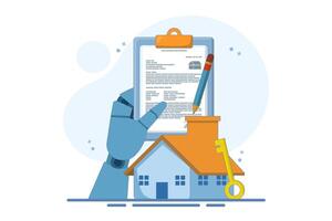 house agreement concept in real estate agency. beautiful house with application form, for. handover of house ownership, real estate agent buy house real estate contract. flat design illustration. vector