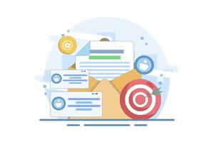 Concept of approaching target audience using email marketing, Online business strategy, Advertising, Email newsletter, messaging, email marketing, banners. Flat illustration. vector