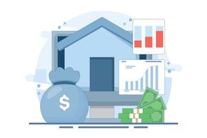Concept of investing in home or real estate. Real estate and stack of coins with increasing graph. Saving for home, property financing, money investment. Flat illustration on background. vector