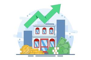 Concept of investing in house or real estate. Investing money for a certain period of time. Saving for house, real estate and a pile of coins with a growing graph. Flat illustration on the background. vector