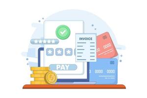 Online payment concept. Device with electronic invoice. Confirmation of financial transaction via SMS. Coins and cards in the background. Flat style illustration in the background. vector