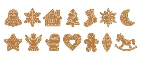 Set of Christmas gingerbread cookies. Winter sweet homemade biscuits in the form of different characters and holiday items Illustration for Christmas and New Year. vector
