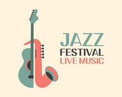 Jazz poster background template for music festival with guitar and saxophone. Event flyer design. Retro style vector