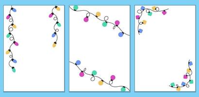 Set of vertical posters with wavy garland lights. Christmas, wedding or birthday celebration templates with empty space for text. vector