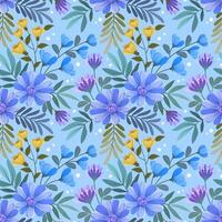 Beautiful blooming flowers design on blue color background seamless pattern. vector
