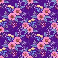 blooming colorful flowers and leaf on purple color background seamless pattern. vector