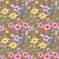 Cute colorful flowers and leaf on brown color background seamless pattern. vector