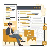 Programmer working on laptop in office. Programmer coding code on computer screen. Software development. illustration in flat style vector