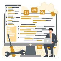 Software development, programming and coding concept. Programmer working on computer. illustration in flat style vector