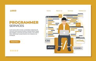 Programmer concept landing page. flat design illustration of programmer working on laptop. vector