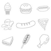 Set of hand drawn fast food and dessert doodle objects icons vector