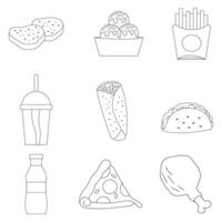 Set of hand drawn fast food and dessert doodle objects icons vector