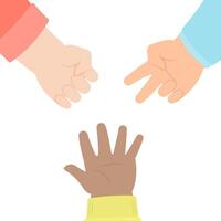Rock paper scissors diverse kid hands palms up vector
