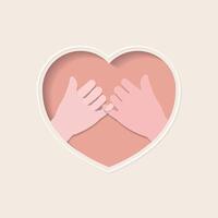 Two hands making a pinky promise in heart shaped paper cutting art vector