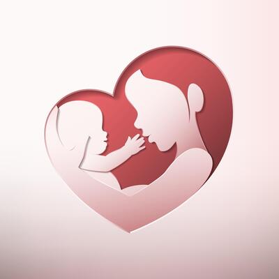 Mother holding baby in heart shaped silhouette paper cutting art