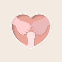 Fist bump of three family members in heart shaped paper cutting art vector