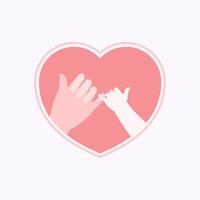Big and small hand making a pinky promise in heart shaped flat design vector